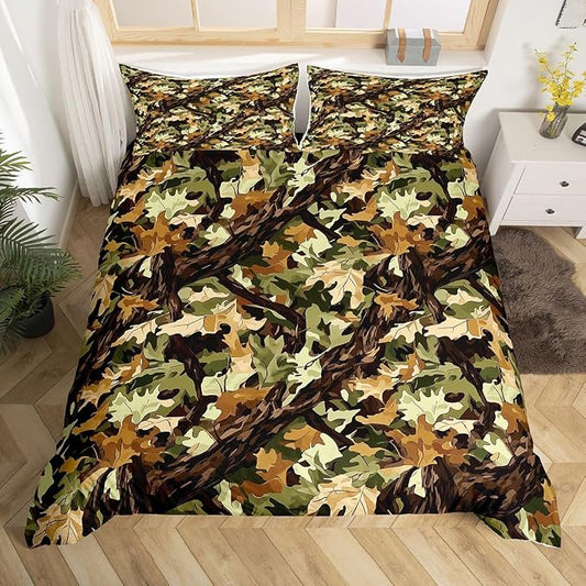 Natural Green Duvet Cover Set Botanical Leaf Plant Twin Bedding Sets for Girls for Preteen Boys Girls | Rustic Western Camo Tree Comforter Cover Hunting Farmhouse Bed Set, Room Decor Aesthetic