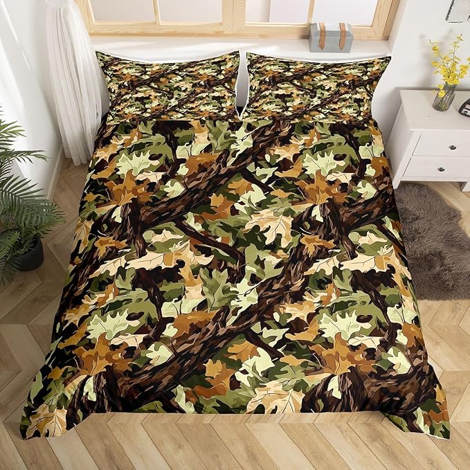 Erosebridal Natural Green Duvet Cover Set Botanical Leaf Plant Full Size Bedding Sets for Preteen Boys Girls | Rustic Western Camo Tree Comforter Cover Hunting Farmhouse Bed Set, Room Decor Aesthetic