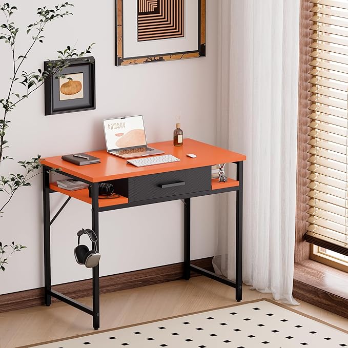 Pamray 32 Inch Small Computer Desk with Drawer and Shelves Simple Study Work Table for Bedroom Orange