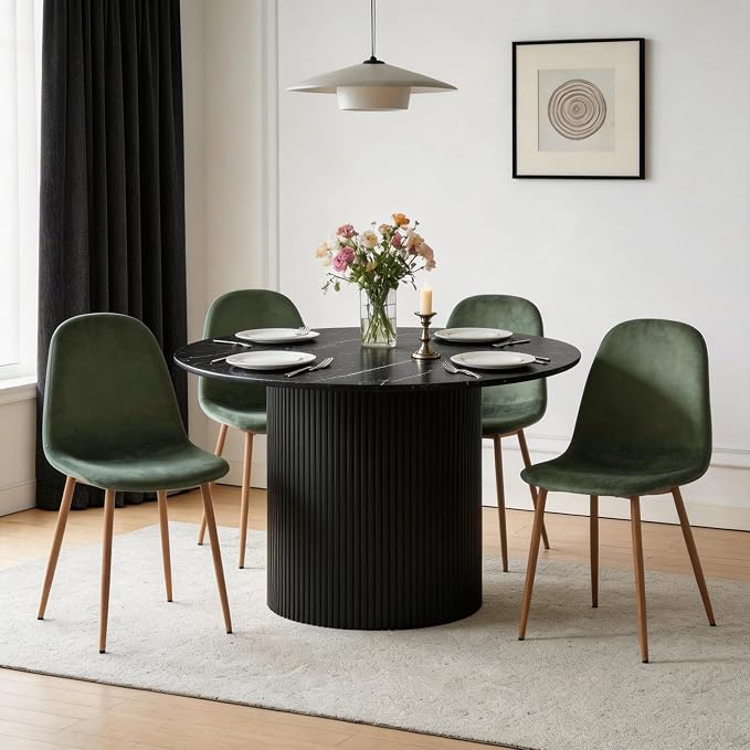 Dining Table Set for 4, Mid Century Modern 47 Inch Black Marble-Look Wooden Round Dining Table Set, Space Saving (Table + 4 Green Chairs)