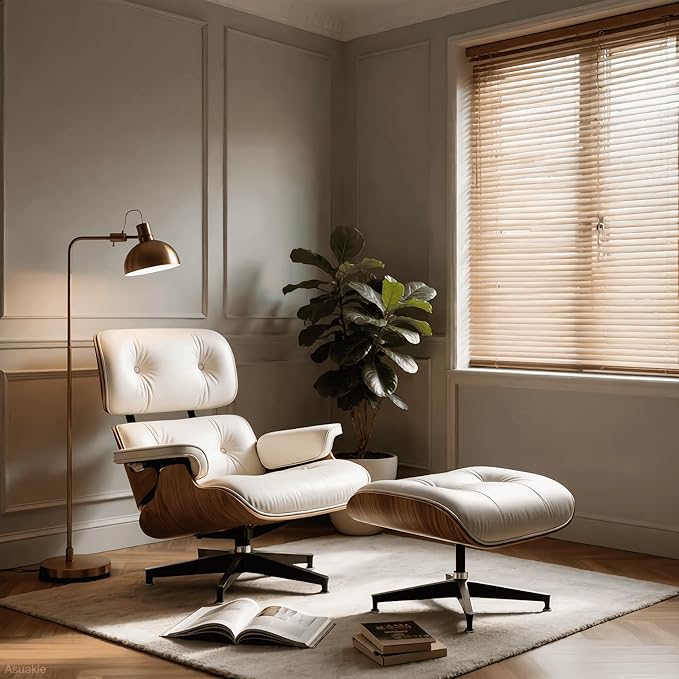 Top Grain Leather, Mid Century Chaise Lounge Chair and Ottoman, Reading Chair, Accent Lounge Chair, Modern Chair, Classic Design, Heavy Duty Base Support for Living Room Lounge Office, Walnut-White