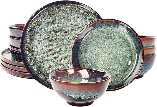 Dinner Set 12 Pieces - Round Reactive Glaze Tableware - Kitchen Dinnerware Porcelain Crockery with Dinner Plate, Bowl and Soup Plate Service for 4, Microwave Dishwasher Safe, Set (No.4)