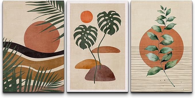 wall26 Canvas Print Wall Art Set Boho Mid-Century Tropical Plant Collage Abstract Shapes Digital Art Modern Art Decorative Minimal Relax/Zen for Living Room, Bedroom, Office - 24"x36" x 3