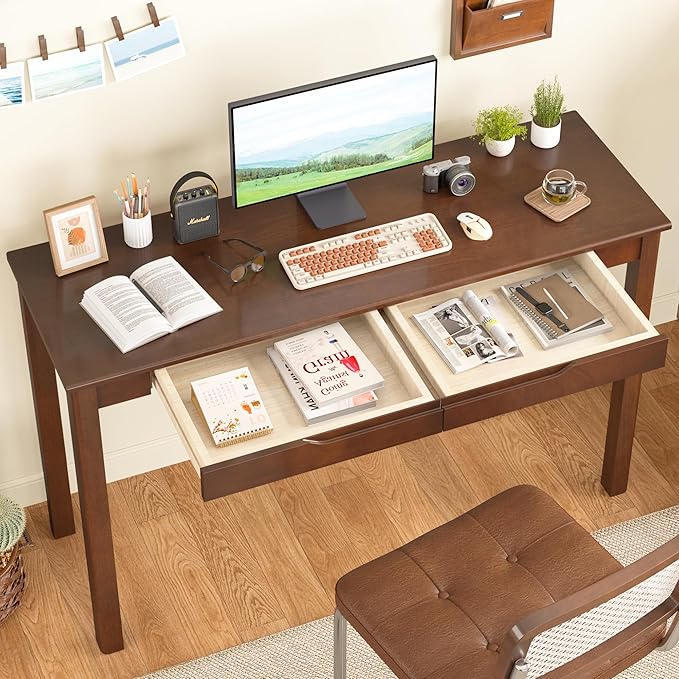 100% Solid Wooden Desk with Drawers - 47 x 16 Inch Mid Century Narrow Desk, Vintage Writing Desks with Drawers, Simple Work Study Table, Small Desks for Small Spaces, Walnut Color