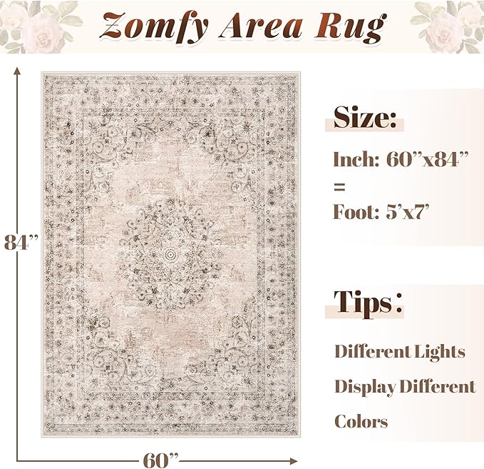 Area Rug 5x7 Vintage Rug: Washable Indoor Medallion Rugs Low Pile Distressed Floor Carpet Retro Accent Rug for Living Room Bedroom Kitchen Dining Table Home Office(Distressed Brown, 5'x7')