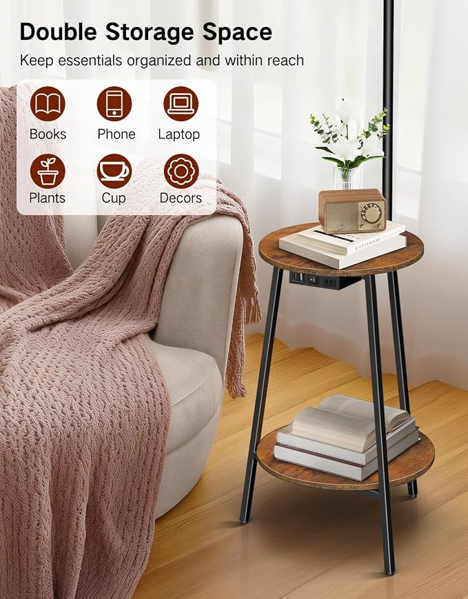 Floor Lamp with Round Table, Dimmable LED Standing Lamp with Remote, 3 Color Temperatures, Side Table with Charging Station, Space-Saving End Table for Living Room, Bedroom, Office