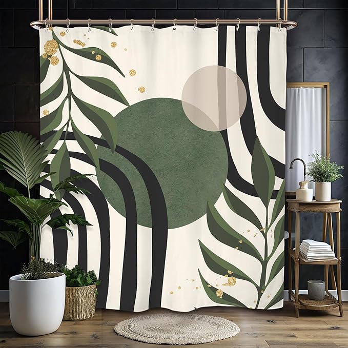 Miyotaa Abstract Sage Green Black Shower Curtain Set 60Wx71H Inches Modern Aesthetic Contemporary Minimalist Plant Leaves Neutral Geometric Waterproof Bathroom Curtain with 12 Hooks