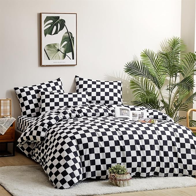Pureant Black White Plaid Comforter Set Queen Size Black Checkerboard Grid Bedding Comforter Women Men Black and White Grid Quilts Soft Modern Black Buffalo Grid Comforter Boho Checkered Geomertic Bed