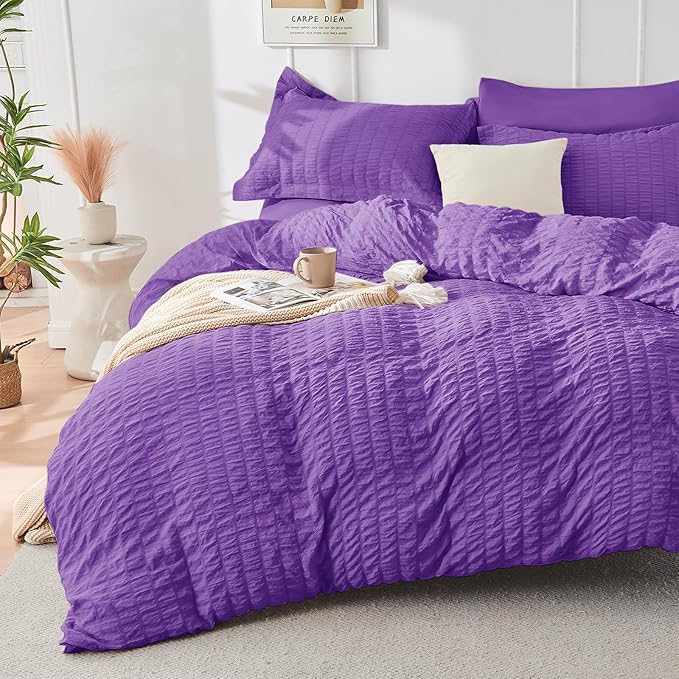 HYMOKEGE Dark Purple King Size Comforter Set Seersucker 7 Pieces, All Season Luxury Bed in a Bag for Bedroom, Bedding Set with Comforter, Sheets, Pillowcases & Shams