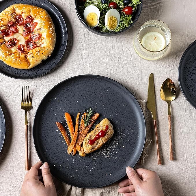 AmorArc Ceramic Dinnerware Sets, Wavy Rim Stoneware Plates and Bowls Sets,Dishwasher & Microwave & Oven Safe Dishes set, Service for 6 (18pc)-Charcoal Matte