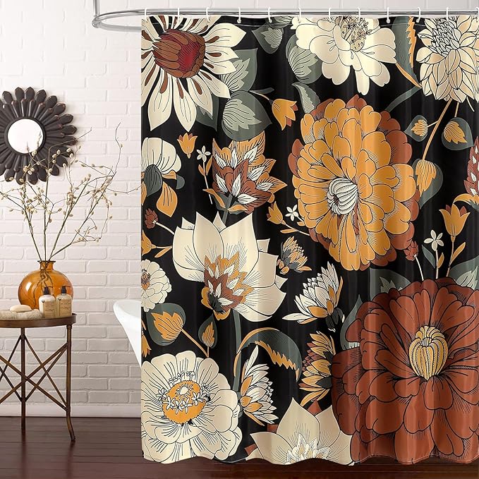 MitoVilla Long Boho Shower Curtain Set 72 x 78, Floral Rustic Shower Curtains 78 inch Long for Mid-Century Bathroom Decor, Vintage Fabric Bathroom Shower Curtain with Tropical Leave
