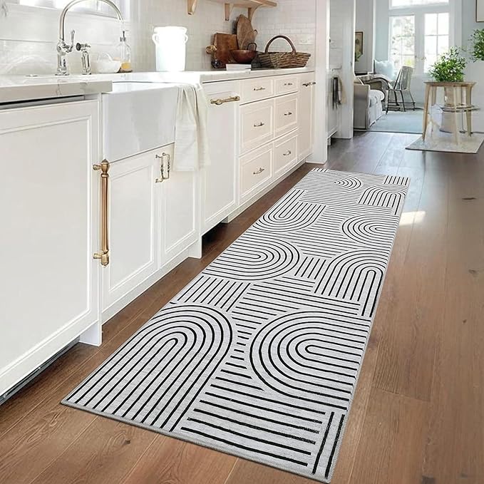 Modern Rug 2x6 Runners for Hallways, Abstract Kitchen Runner Rugs Non Slip Bath Runner, Rainbow Washable Runners Rug for Bedroom, Soft Long Rugs for Entryway Bathroom Laundry Dorm, Blackwhite