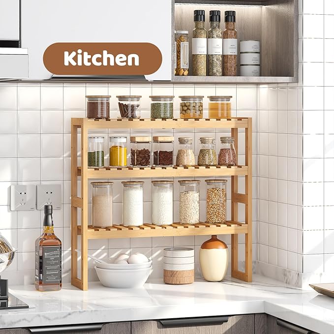 Bamboo Organizer Rack - Adjustable 3-Tier Storage Shelf, Wall Mounted or Over The Toilet, Living Room, Kitchen (Natural)