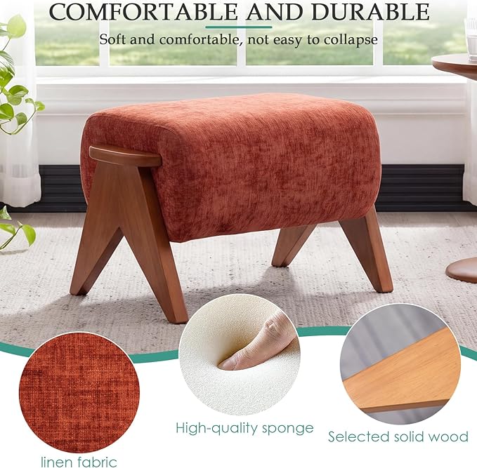 Linen Padded footstools Mid Century Modern Ottoman with Wood Frame, Lounge Upholstered Ottoman, Reading Chair, Sturdy Base, Suitable for Resting Your feet on a Lounge Chair Orange