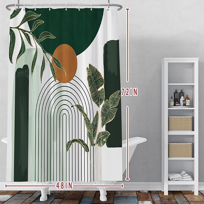 Baocicoo Mid Century Minimalist Shower Curtain - Tropical Leaf Bohemia Art Decor Fabric - Durable with Hooks - 48x72 Inches - Green Bath Accessory