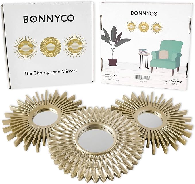 BONNYCO Gold Mirrors for Wall Pack of 3, Round Wall Mirrors Bedroom Room and Home Decor. Espejos Decorativos de Pared Sala Dormitorio, Modern Minimalist Decor Vintage, Chic. Gifts for Women Mums