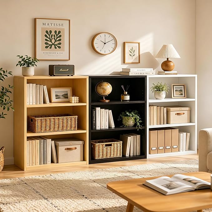 Wooden 3-Tier Bookshelf, Adjustable Open Storage Shelf Unit, 31.5" Tall Bookcase（Oak）