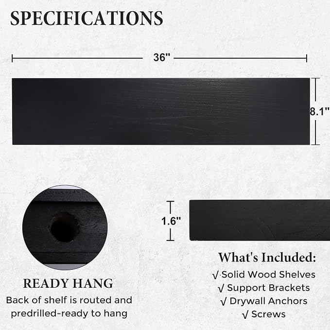 Axeman Floating Shelves, 8 Inch Deep Modern Solid Wood Wall Shelves for Storage, Wall Mounted Display Shelving with Invisible Heavy-Duty Metal Bracket, 36" W x 8" D x 1.6" H, Distressed Black