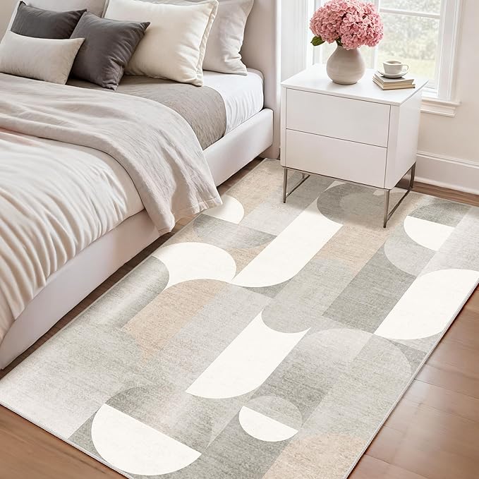 Grey Rug 3x5 Washable Area Rugs for Bedroom Living Room Kitchen Entryway Bedside,Small Modern Geometric Non Slip Carpet,Beige