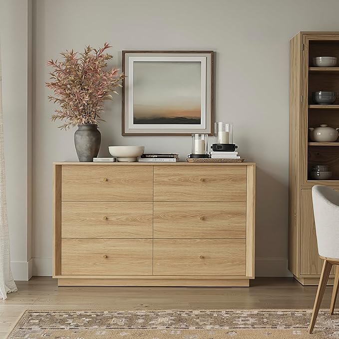 Mid Century Modern Dresser, 6 Drawer Dresser with Storage, 47" Wide Chest of Drawers with Wood Grain Texture, Drawers Organizer for Bedroom, Living Room, Hallway, Gold Oak