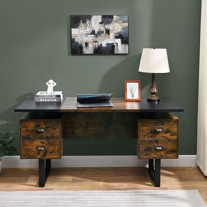 Computer Desk with Drawers 59" L Contemporary Home Office Laptop Desk with Floating Desktop and 4 Storage Drawers Vintage Study Gaming Table with Metal Frame Black & Rustic Brown CTSZ20401CM