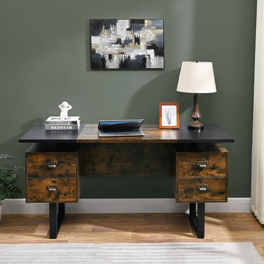 Computer Desk with Drawers 59" L Contemporary Home Office Laptop Desk with Floating Desktop and 4 Storage Drawers Vintage Study Gaming Table with Metal Frame Black & Rustic Brown CTSZ20401CM