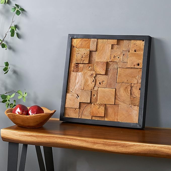 Warmaxx Rustic Teak Wood Framed Wall Decor Aesthetic 17''x17 Farmhouse Geometric Block Wall Art Christmas Decoration Home Living Room Bedroom Office Handmade Square Wooden Slatted Collage