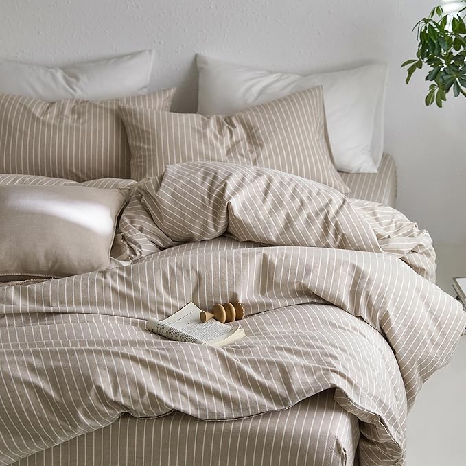 MooMee Striped Duvet Cover Set 100% Washed Cotton Linen Like Textured Breathable Durable Soft Comfy (Tannish Linen Grey White Wide Stripes, Full 80"x90")