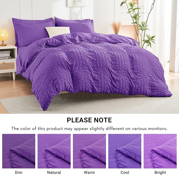 HYMOKEGE Dark Purple King Size Comforter Set Seersucker 7 Pieces, All Season Luxury Bed in a Bag for Bedroom, Bedding Set with Comforter, Sheets, Pillowcases & Shams