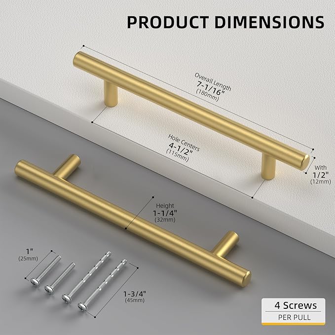 Goldenwarm 100 Pack Brushed Brass Cabinet Cupboard Drawer Door Handle Pull Knob for Furniture Kitchen Hardware 4-1/2in Hole Centers