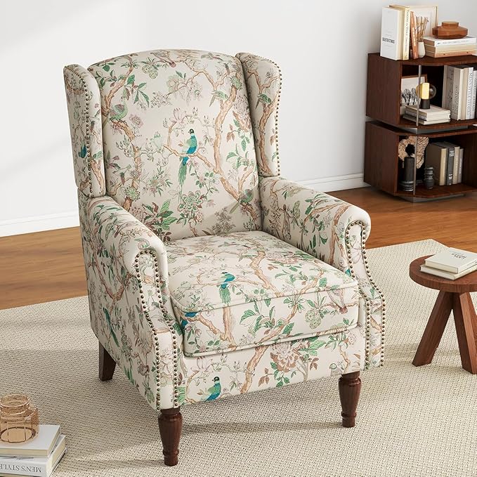 High Back Accent Chair, Fabric Upholstered Armchair for Living Room, Floral Wingback Chair with Retro Solid Wood Legs, Nailhead Trim Single Sofa Bedroom Reading Seat - Bird