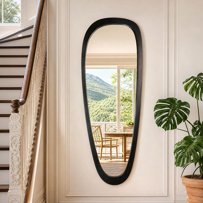 60''x22'' Asymmetrical Mirror with Black Wood Frame, Extra Large Teardrop Shaped Wall Decor, HD Tempered Glass Vanity Mirrors for Living Room, Horizontal Vertical Hanging, Black