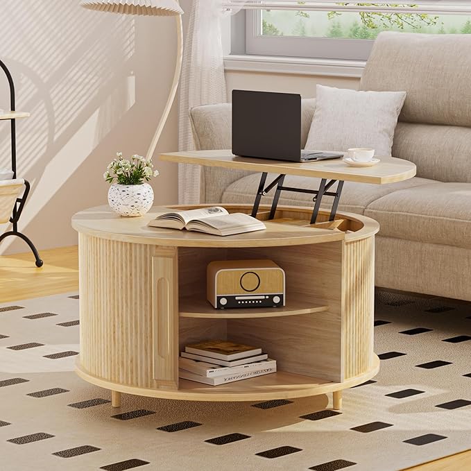 Round Lift Top Coffee Table, 31.5” Fluted Wood Lift Up Center Table with Sliding Door & Hidden Storage, Mid Century Modern Coffee Table for Living Room & Home Office (Natural)