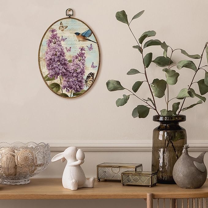 AEHIE Vintage Lilac Floral Bird Oval Wall Art Decor, Cottagecore Lilac Flower Butterfly Canvas Artwork Framed, Bird Floral Picture Oval Wall Art for Home Bedroom Living Room Decor, 11x8.5 Inches