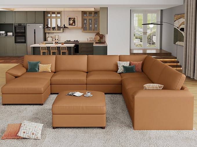 EASE MOOSE Leather Sectional Sofa, Oversized Faux Leather Sectional, Wide Deep Modular Couch, Scratch Resistant Material Sofas, U Shaped Couch,Brown