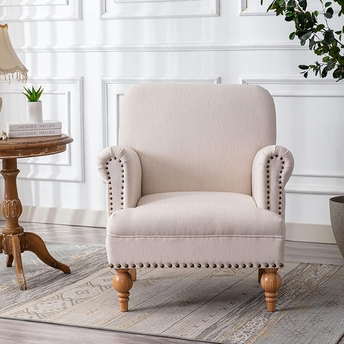 Linen Accent Chair Mid-Century Modern Living Room Armchair with Nailhead Trim & Wood Legs Comfy Upholstered Single Sofa Chair for Lounge/Bedroom/Reception, Cream