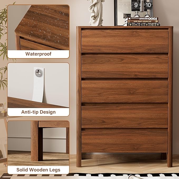 45" Tall Mid-Century Modern Dresser for Bedroom, 5 Drawer Chest of Drawers with Solid Wood Legs, Large Storage Tall Dresser, Walnut