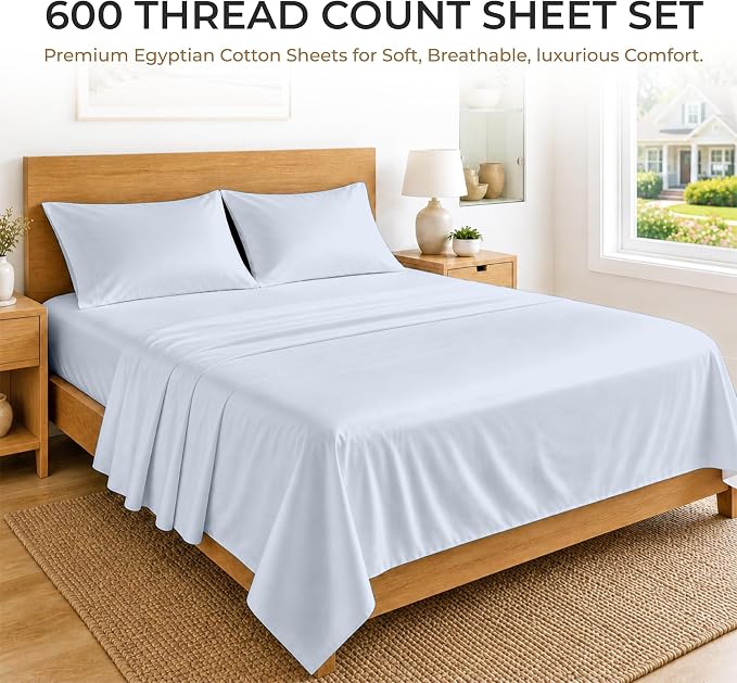 SGI bedding 100% Egyptian Cotton Sheets California King Size – 600 Thread Count Sheets Set, Soft, Cooling, 15" Deep Pocket, Luxury Hotel Bedding, Breathable, Durable - Light Blue