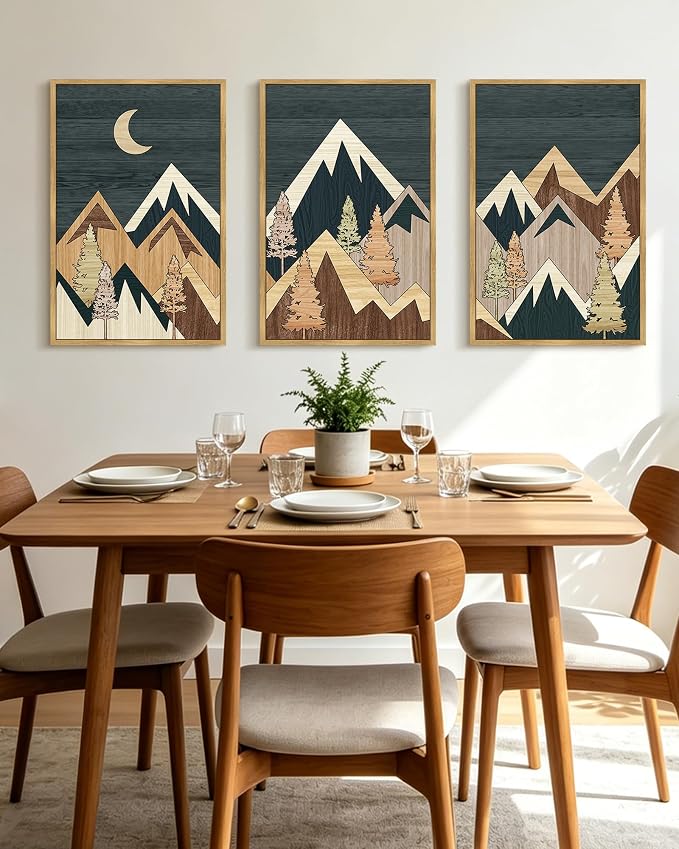 KUVIOKE Morden Mountains Framed Wall Art Boho Pine Tree Forest Nature Landscape Artwork Bohemain Farmhouse Rustic Bedroom Decor 16x24in (Natural Framed)
