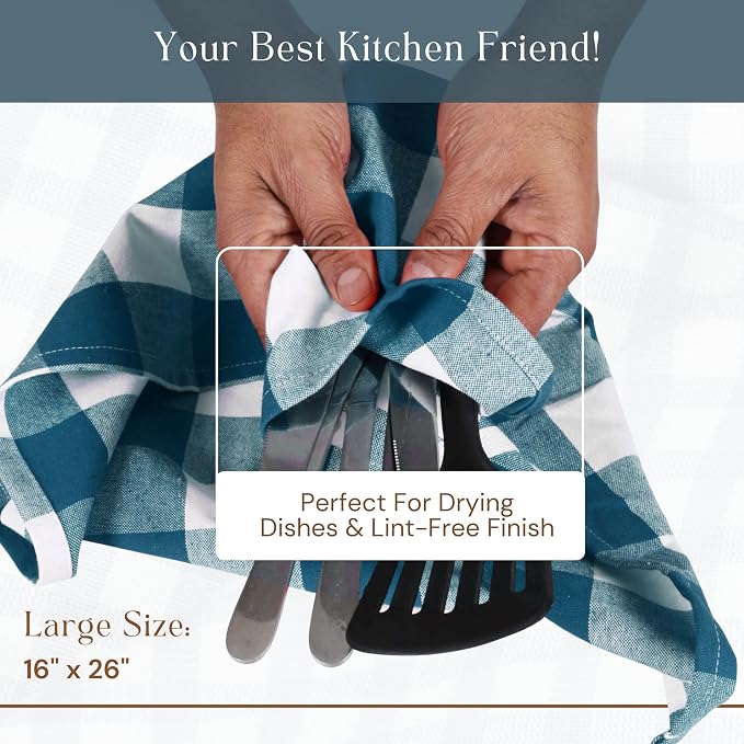 Teal Green Buffalo Check Kitchen Towels, 12 Pack, 100% Cotton, 16x26 Inches, Soft, Absorbent, Quick Dry, Dish Cloths, Bar & Restaurant Cleaning Towels with Hanging Loop, Teal White