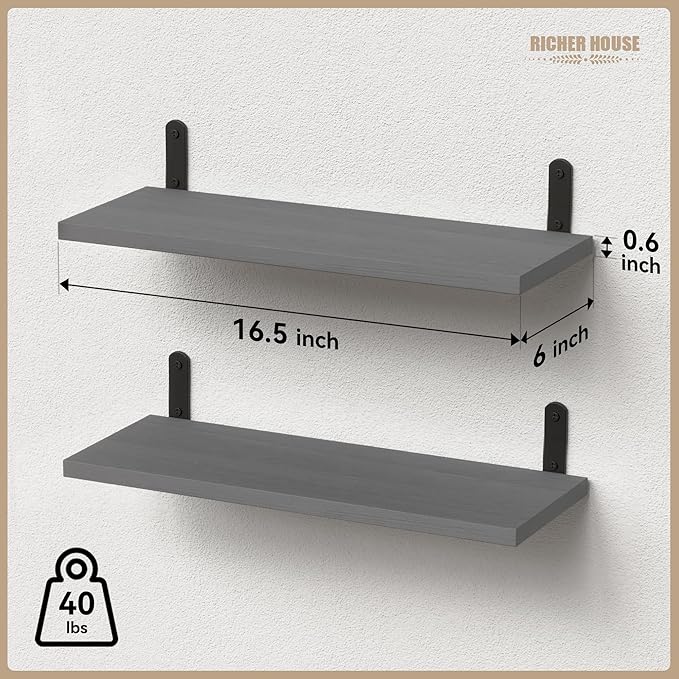 RICHER HOUSE Rustic Wood Bathroom Shelves Set of 2, Farmhouse Style Floating Shelf for Wall Décor, Hanging Shelves for Bedroom, Storage, Kitchen, Living Room - Grey