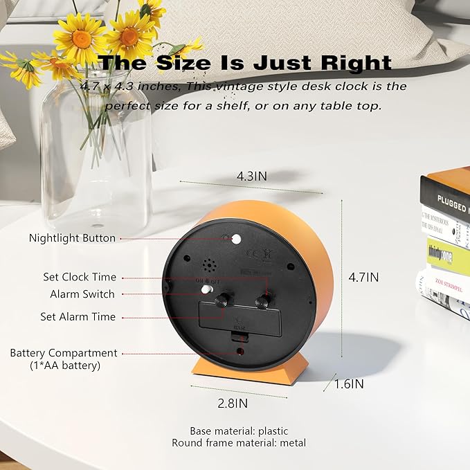 AYRELY® 4.5" Analog Alarm Clock,Small Retro Desk Clock Battery Operated,Slient Metal Table Clock with Light for Living Room Decor,Bedroom,Bedside,Shelf (Orange-Yellow)