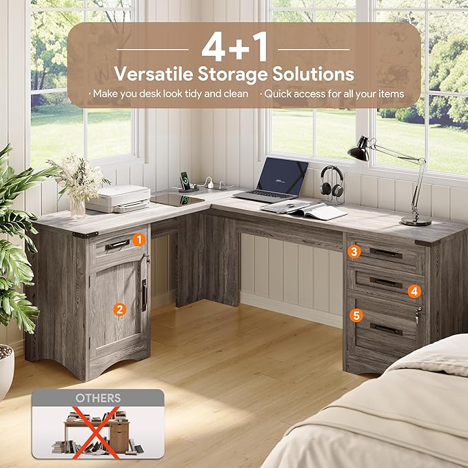 Decofy L Shaped Farmhouse Executive Desk with Drawers, 67" Home Office Desks with Fast Charging Station, Lockable File Cabinet, Wood Writing Computer Desk for Work, Study, Grey