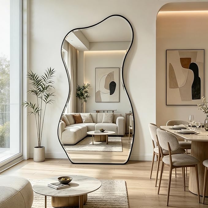 POZINO Irregular Full Length Mirror, 66.8"x33.5" Large Asymmetrical Beveled Mirror with Black Metal Frame, Organic Floor Mirrors for Entryway Hallway Cloakroom Living Room, Leaning/Wall-Mount