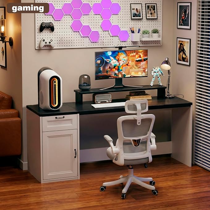 HUAHUU 63" Farmhouse Executive Desk with Drawers, Modern Computer Desk with Power Outlets, Office Writing Desk with Monitor Stand & Storage Cabinet, Printer Shelf, Antique White