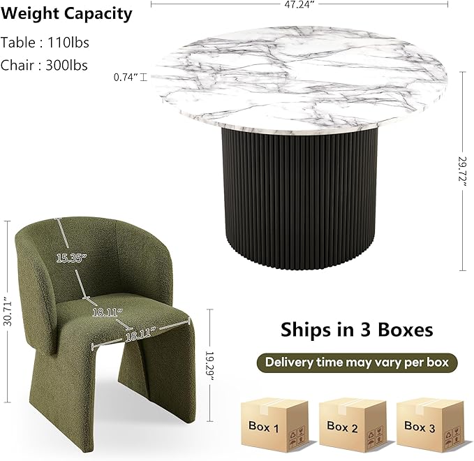 NORDICANA 3-Piece Round Dining Table Set for 2, Modern 47-Inch Kitchen Table and Chair Set, Dining Set with Dark Green Upholstered Armchairs, Manufactured Wood Top with White Marble Effect Finish