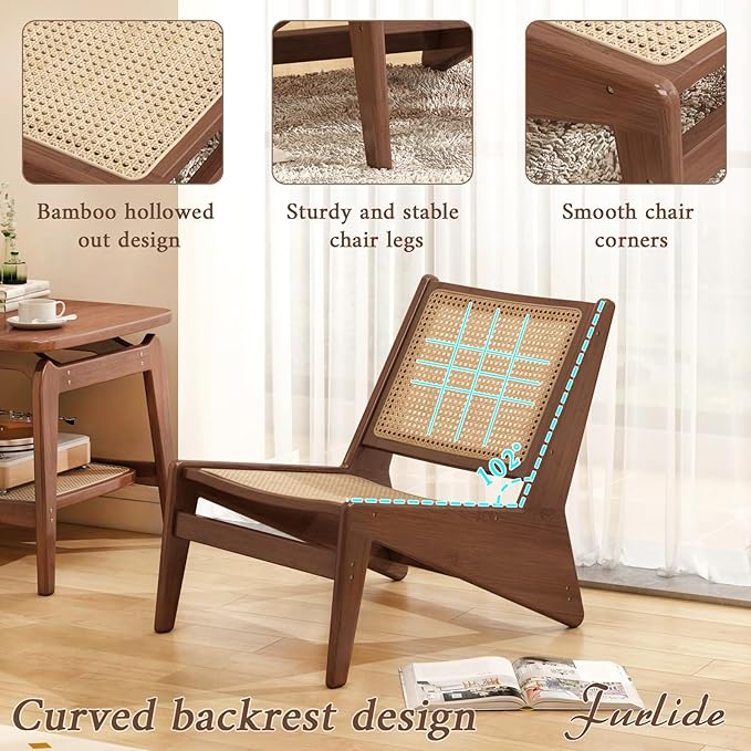 Furlide Mid-Century Accent Chair, Rattan Lounge Chair for Living Room, Boho Side Corner Comfy Chair for Bedroom and Balcony, Walnut