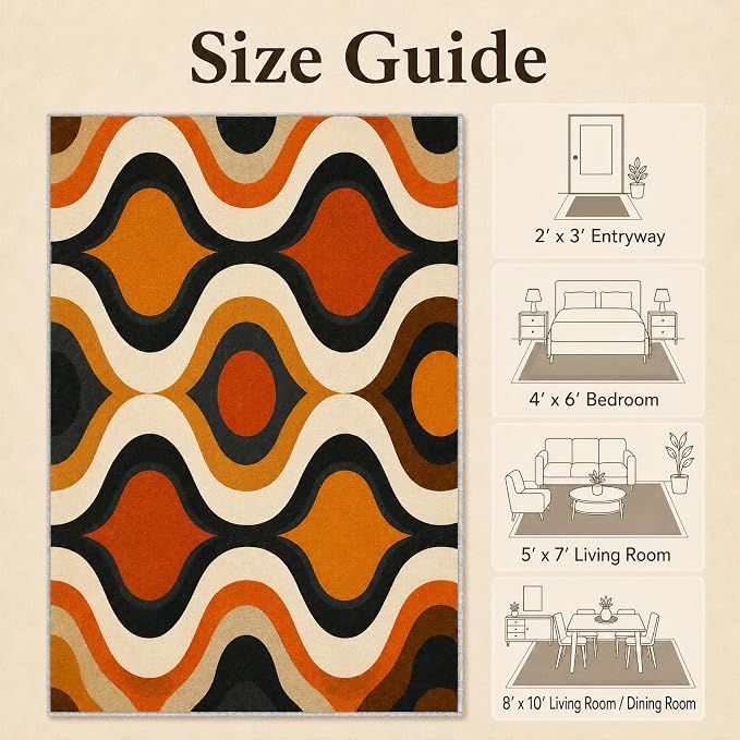 Retro Wave Area Rug 5x8, Mid-Century Modern Geometric Rug, Orange Brown Abstract Carpet for Living Room Bedroom, Soft Non-Slip Washable Rug