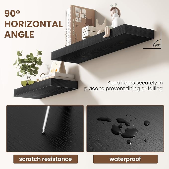 30 Inch Floating Shelves for Wall 2 Pack, 30" Wall Shelves for Books, Storage, Decor, Wall Mounted Floating Shelf with Invisible Brackets for Kitchen, Living Room, Black