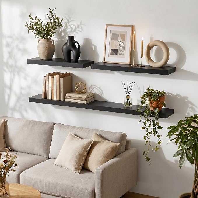 fuqing Black Floating Shelves | 24 Inch Wood Floating Shelves for Wall Set of 2 | 24" W x 6.7" D x 1.4" H Rustic Black Wooden Shelves for Bathroom Living Room Bedroom Kitchen